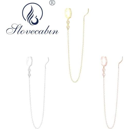 Slovecabin 925 Sterling Silver Zircon Dangle Long Chain Tassel Clip Earring For Girl Christmas Single European Ear Cuff Jewelry