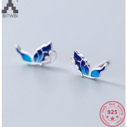 Hot S925 Sterling Silver Fashion Simple Creative Simulate Blue Butterfly Stud Earrings Jewelry for Female
