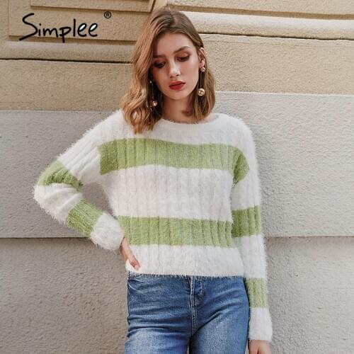Simplee Casual crew neck women sweater winter three-quarter sleeve loose ladies knitted sweater Stripe hit color female pullover