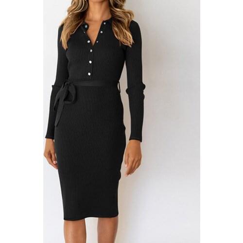 Belt Turn-down Collar Women Dress A-line Long Sleeve Buttons Knitted Dress Sundress for party elegant Womens Clothing Black xxl