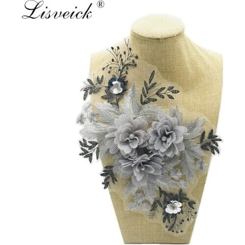 1pcs gray Embroidery lace collar pearl beads 3D flower applique wedding clothing decoration Boutonniere Patches
