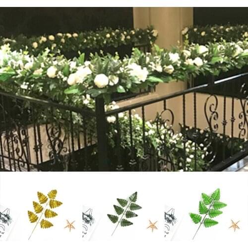 10Pcs 7 Forks Palm Leaves Artificial Decoration Palm Leaf Gold Green Color Persian Leaves Wedding Party Decoration Home Decor