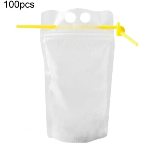 100pcs Bags + Straws 500ml Frosted Plastic Drinking Beverage Bag Party Wedding Fruit Juice Tea Coffee Portable Pouches