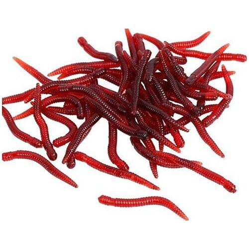 100Pcs Soft Red Earthworm Worm Fish Lures Simulation Bait Bass Fishing Tackle