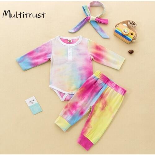 3Pcs/set Baby Girls Clothes Casual Tie Dye Print Baby Romper+Long Pants+Headband Infant Clothing Outfit Autumn Newborn Clothes