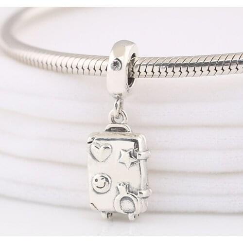 Authentic S925 Silver Suitcase With Crystal Pendant Hanging Bead Charm for Women Bracelet Bangle DIY Jewelry