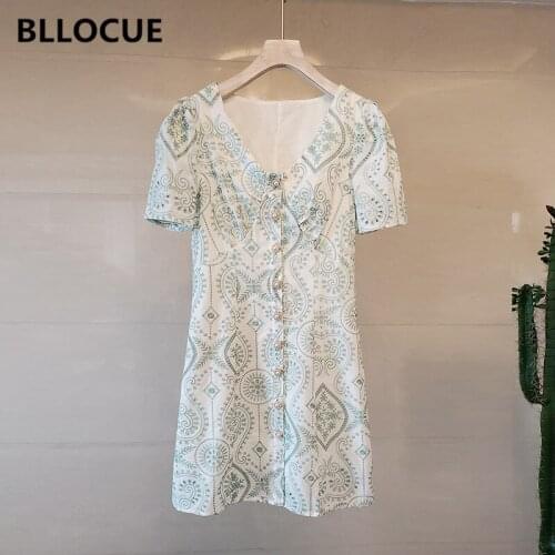 BLLOCUE High Quality Women Totem Embroidery Runway Dress Elegant Vintage V-neck Single breasted Slim Dress Fashion Summer Dress