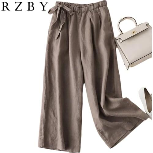 Wide Leg Pants Cotton Linen Pants Women Summer Trousers Wide Leg Loose Pants Ankle Length Casual trouser Elastic Waist RZBY378