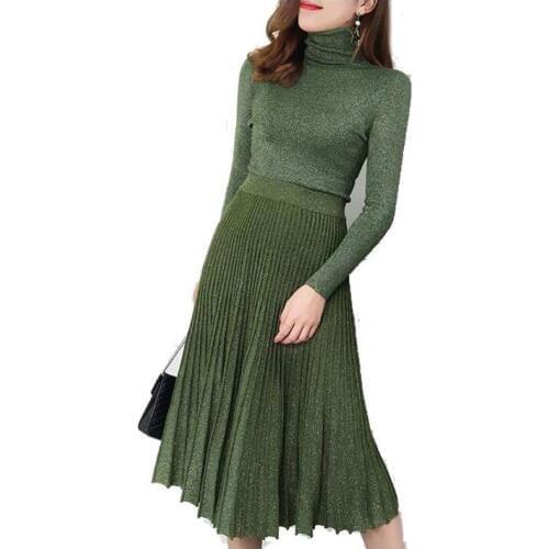 Set elegant and winter newtemperament wild high collar bright silk sweater bottoming +pleated large swing skirt two-piece suit