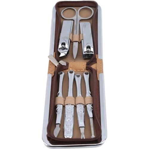 Brown Stainless Steel Manicure Knife Manicure Tool Kits Nail Clippers Nail Clippers Scissors Cuticle Pusher Suit Set 7 PCS/Set