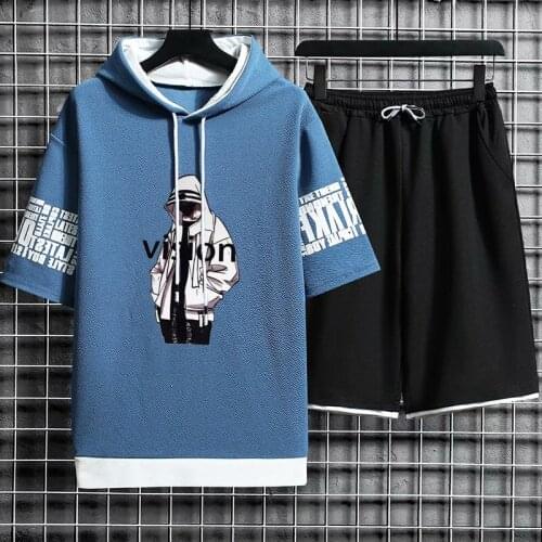 Hip Hop Suit Hooded T-shirt Set Mens Shorts Suit Fashion Casual Sports Mens Clothing Summer Casual Two-piece Shorts & T-shirt