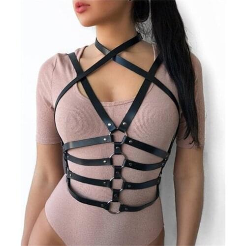 DYEFROB Leather Harness Women Sexy Lingerie Goth Suspenders Bdsm Top Bra Cage Chest Harness Waist Band Garter Belt Stockings