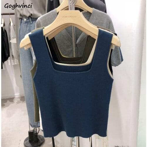 Camis Women Solid Square Collar Knitted Tanks Womens All-match Soft Fashion Off-shoulder Tops Female Chic Ins Ulzzang Leisure