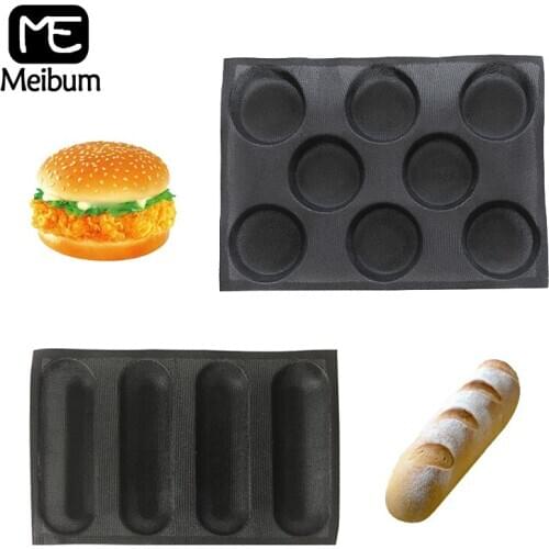 Meibum Hamburger Bun Glass Fiber Silicone Mold Non Stick Perforated Baguette Bakeware Set Round Bread Tray Baking Tools