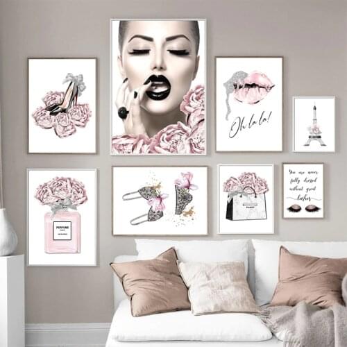 Pink Flower Perfume Fashion Poster Eyelash Lips Makeup Print Canvas Art Painting Wall Picture Modern Girl Room Home Decoration