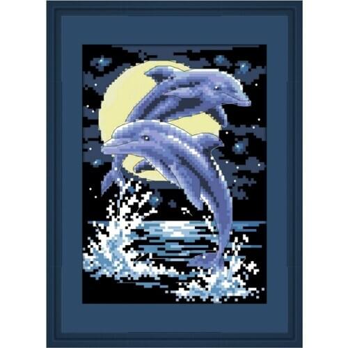 Dolphin lovers cross-stitch kits animal 18ct 14ct 11ct black fabric cotton thread hand embroidery DIY handmade needlework