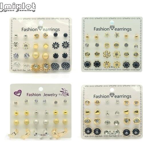 12Pair Mixed Small Earrings Set For Women Fashion Rhinestone Alloy Flower Heart Star Ear Stud Earrings Girls Brincos Jewelry