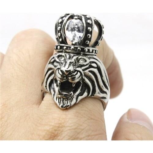 Popular King Of The Lion Ring Crown With Clear Stone 316L Stainless Steel Men Boys Biker Ring Party Cocktail Ring