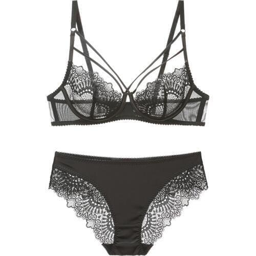 Sexy Lace Plus Size Ultra-thin Transparent Bra with Stones See Through Bra Panty Set Underwear Women Lingerie A B C D E Cup