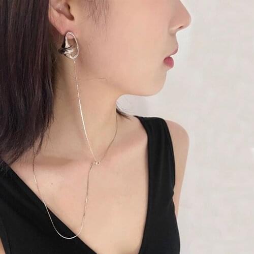 Silver Color Metal Geometric Gyro Shape Stud Earrings With Long Thin Simple Chokers Necklace Together Fashion Accessorie