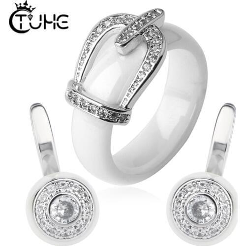 Elegant Women Wedding Earrings Ring Bridal Jewelry Set Ceramic Rings Stud Earrings AAA Zircon Crystal Anniversary Christmas Gift