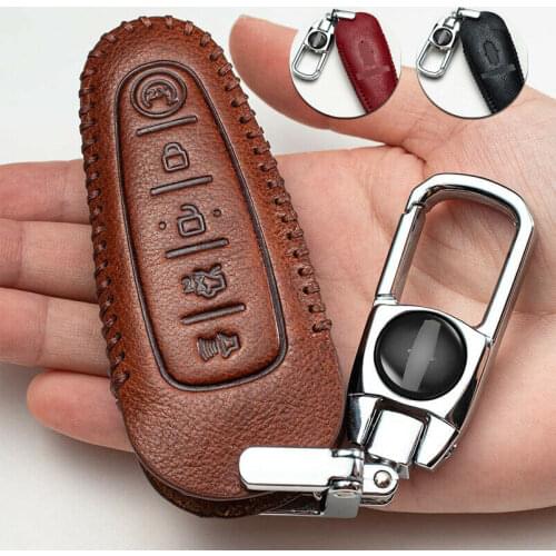 Genuine Leather Smart Car Key Fob Case Cover Keychain Accessories For Ford C-Max Edge Escape Explorer Flex Focus Lincoln MKS MKT