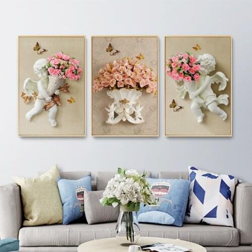 Mordern Decorative Pink Rose Angel Sculpture Flowers Print Picture Canvas Painting Home Decor Poster For Living Room Bedroom
