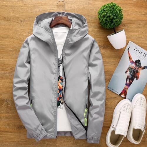 YuWaiJiaRen Reflective Jacket Spring Autumn Mens Hooded Jackets Fashion Solid Waterproof Windproof Male Outwear Clothing 7XL
