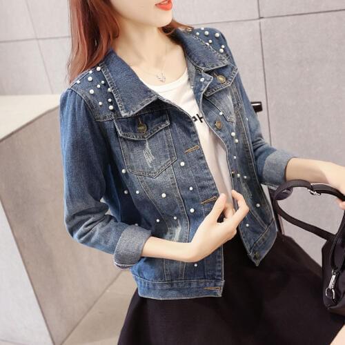 #3333 Denim Jacket Women With Pearls Slim Retro Jeans Coat Ladies Plus Size 4XL 5XL Vintage Short Coat Blue Outwear Streetwear