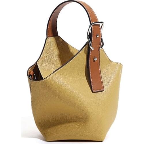 2021 Summer Wide Shoulder Strap Short Handbag Female Yellow Large Capacity Retro Luxury Genuine Leather Crossbody Bucket Bags