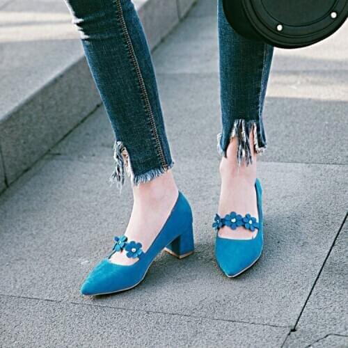 ASHIOFU Handmade 2020 New Womens Block Heels Pumps Faux-suede Slip-on Party Office Shoes Flowers Daily Wear Fashion Court Shoes