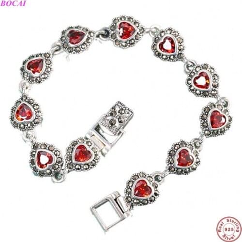 BOCAI S925 sterling silver female bracelet new fashion Thai silver antique hand jewelry heart-shaped Garnet Bracelet for women