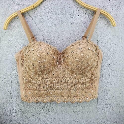 Cupnaya Women Lace Diamante Crop Top Adjustable Spaghatti Strap Soft Bustier Sexy Ladies Inner Corset Bralet Vest Tanks Apricot