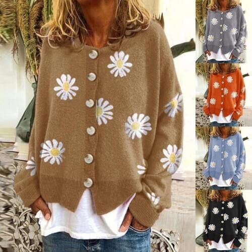 2020 Women Long Sleeve Marguerite Print Sweater Cardigan Autumn Knitted Jacket Coat Womens Clothing свитер женский pull femme