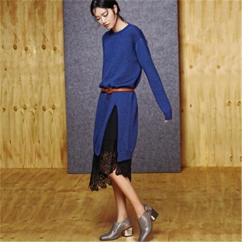 100% hand made pure wool knit women streetwear loose open hem Oneck long pullover sweater one&over size