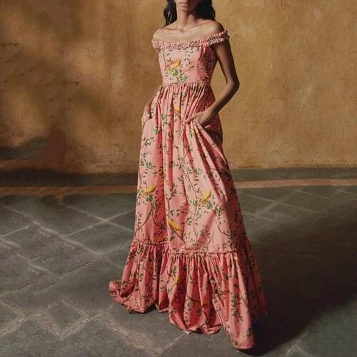 Summer Slash Neck Women Long Dresses Good Quality Pink Floral Printed A-Line Lady Vestido Clothing Dress