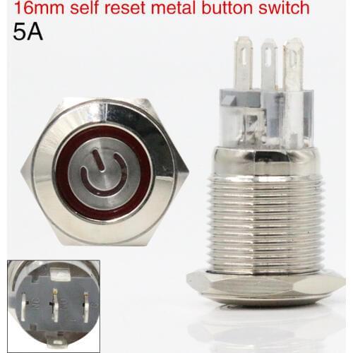 16mm with indicator light automatic reset metal button switch current 5A customizable power icon