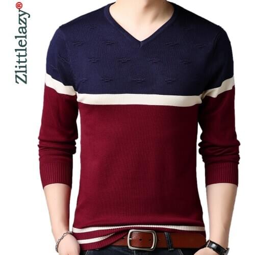 2020 casual knitted V neck sweater men pullover clothing fashion tops clothes knit striped warm mens sweaters pullovers 91502