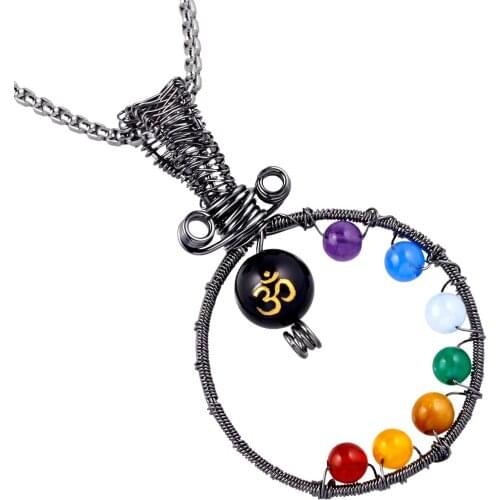 7 Chakra Stone Beads Wire Wrapped Handmade Round Shaped Pendant For Diy Jewelry Making Necking Accessories