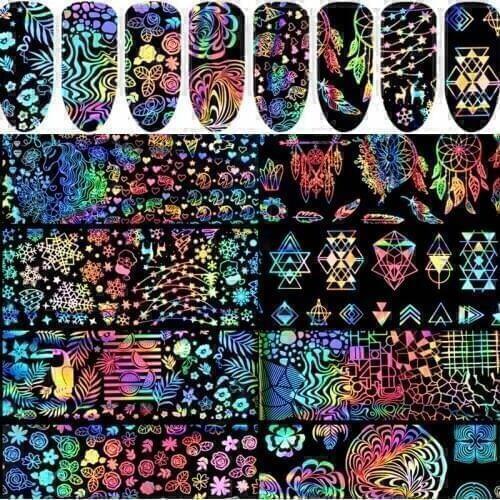 8 sheets Holo Laser Nail Art Foil Transfer Sticker Feather snow flower Decal Full cover Slider Tattoo for Nail Art Decorations