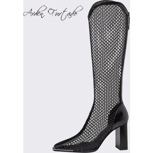 Arden Furtado Summer Fashion Womens Shoes Elegant Back zipper Mesh Boots Knee High Boots Chunky Heels 33 40