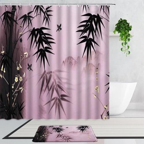 Chinese Style Bamboo Flowers Bird Ink Painting Shower Curtains Mountain Water Landscape Bathroom Decor Curtain Door Mats Carpet