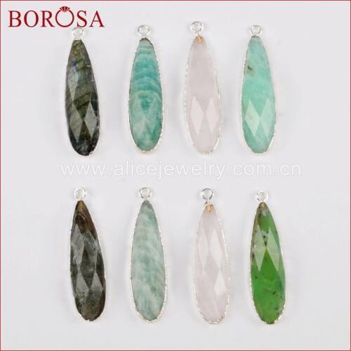 BOROSA Design Teardrop Silver Color White Quartz Crystal Labradorite Faceted Charm Druzy Gems Pendant for Necklace Jewelry S1524