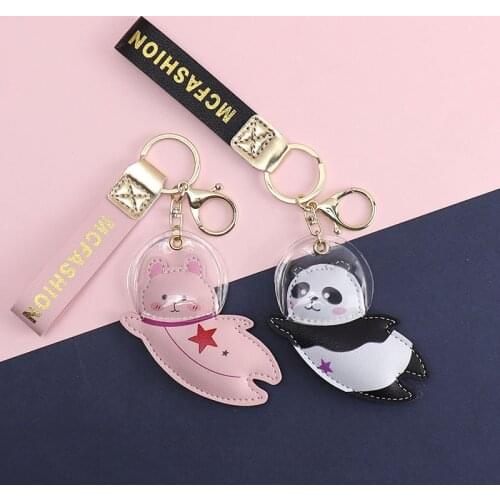 Fashion Floating Animal Astronaut Keychain PU Leather Keyfob Girl Lovely Bag Charms Gift Kawaii Hanging Keyring Cat Tiger Frog
