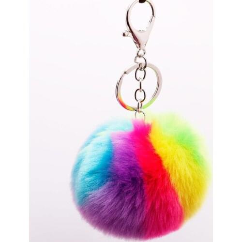 10cm Color Stripes Faux Rabbit Fur Hairball Keychain for Women Soft Plush Pendant Female Backpack Pendant Fashion Accessories