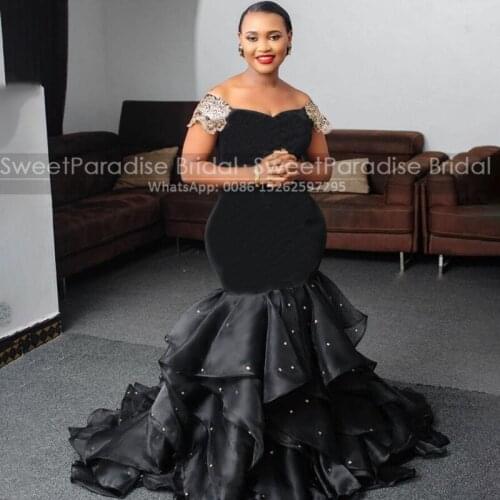 Black Tiered Mermaid Evening Dresses With Beads Appliques Plus Size Women Off Shoulder Long Evening Dress Formal