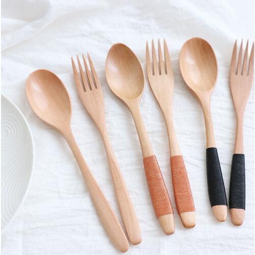 Wooden Spoons Fork Utensil Kitchen Soup Teaspoon Catering Kids Spoon Rice Soup Home Tableware Kitchen Accessories Sets 2pcs