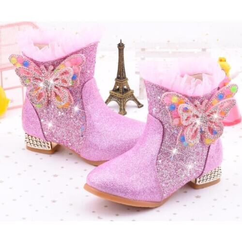 Elsa Princess Kids High Boots Girls Winter Warm Plush Snow Boots Disney Frozen Print Childrens Over The Knee Color Bow Boots