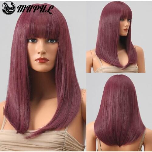 Red Wine Colored Long Straight Cosplay Synthetic Wig With Bangs For Women Daily Natural Heat Resistant Fiber Hair Lolita Wigs