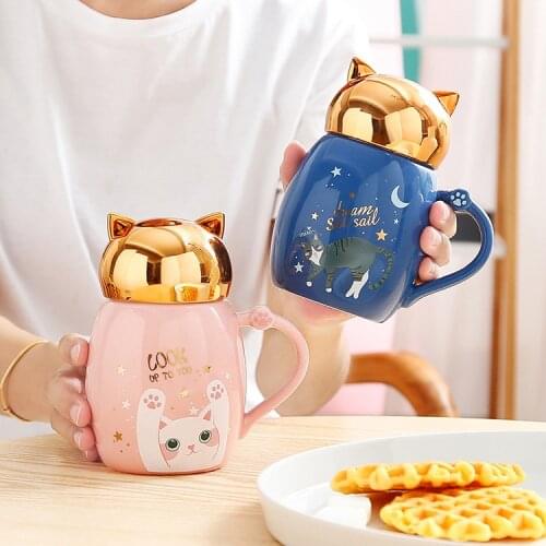 Kawaii Ceramic Coffee Milk Mug Cute Cat Tea Cups with Lid and Stainless Steel Spoon Unique Novelty mugs Christmas Gift cup